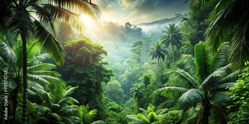 Fototapeta Naklejka Na Ścianę i Meble -  Majestic tropical jungle green forest background with depth of field, vibrant, vibrant, jungle, foliage, exotic, vibrant, depth of field, canopy, nature, growth, flora, dense