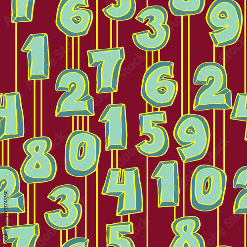 Hand drawn numbers seamless pattern for digital background, wallpaper and textile print. Cartoon style drawing. Education and finance theme, school lettering 
