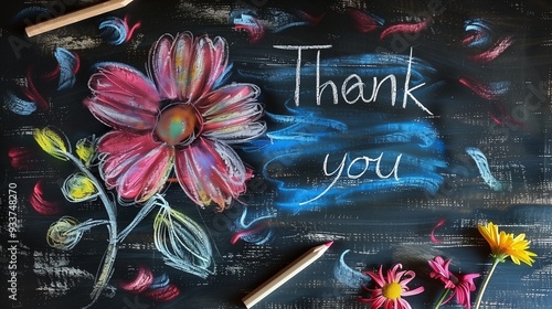 Thank You Card. Written by Chalk on the Blackboard with Flower Drawing.