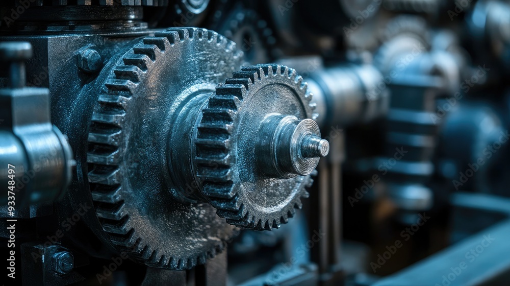 A close-up of grey metal gears and cogs in an industrial machine A close-up of grey metal gears and cogs in an industrial machine