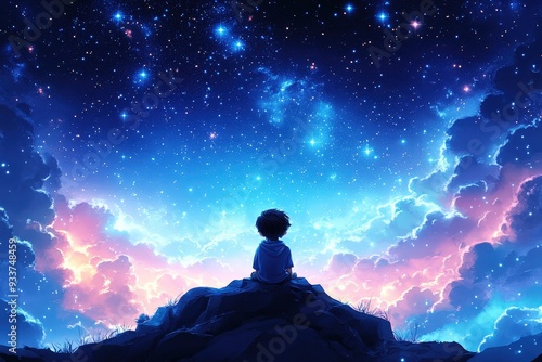 Little boy sits on top of a mountain and looks up at the starry night sky, with the moon casting a gentle glow, adding to the serene atmosphere.