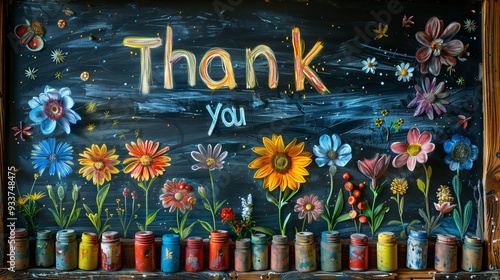 Thank You Card. Written by Chalk on the Blackboard with Flower Drawing.