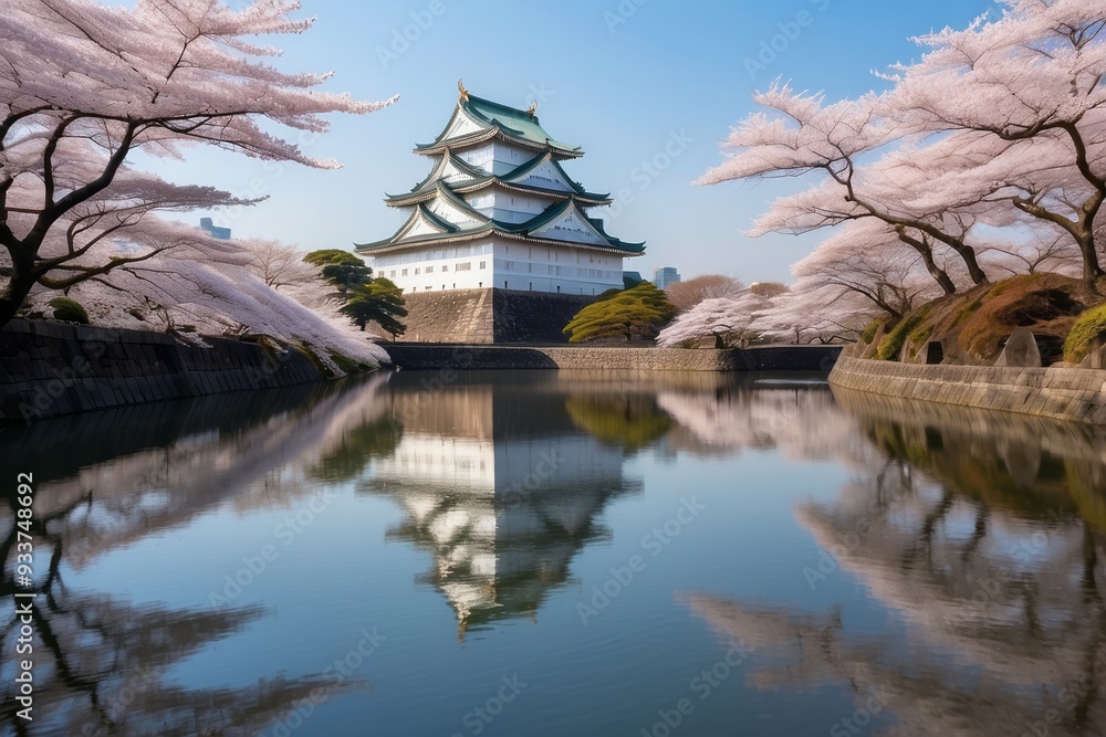 Japanese Castle Reflected in a Calm Pond Surrounded by Cherry Blossoms Japanese Castle Reflected in a Calm Pond Surrounded by Cherry Blossoms