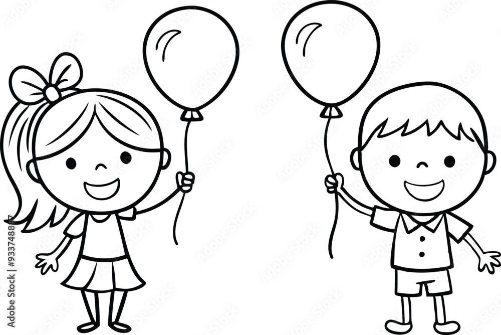 girl and boy with balloons line art illustration black and white girl and boy with balloons line art illustration black and white