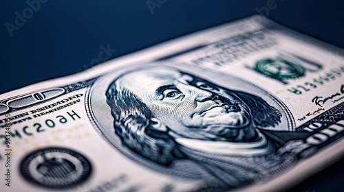 Artistic closeup of a 100 dollar bill, with Benjamin Franklin s face in clear focus, contrasted by a dark blue tinted background for a dramatic effect photo