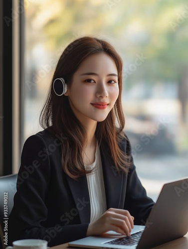 Happy Korean business woman hr manager in earbuds working in office looking at laptop having video conference call online hybrid work meeting or virtual job interview. photo