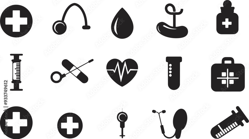 Obraz premium A simple vector icon set of health and medical symbols, including a stethoscope, pill, syringe, and heart