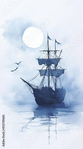 Abandoned pirate ship, haunted by spirits, eerie fog, Watercolor style photo