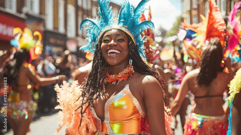 Fototapeta premium Close-Up of Performer in Vibrant Feathered Headdress at Notting Hill Carnival with Detailed Makeup and Elaborate Caribbean-Inspired Costume