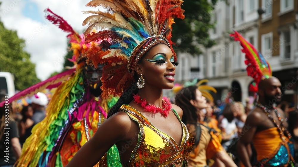 Close-Up of Performer in Vibrant Feathered Headdress at Notting Hill Carnival with Detailed Makeup and Elaborate Caribbean-Inspired Costume Close-Up of Performer in Vibrant Feathered Headdress at Notting Hill Carnival with Detailed Makeup and Elaborate Caribbean-Inspired Costume