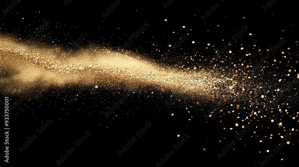 A gold glitter explosion captured mid-air against a black background, creating a sparkling effect A gold glitter explosion captured mid-air against a black background, creating a sparkling effect