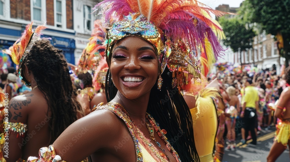 Close-Up of Performer in Vibrant Feathered Headdress at Notting Hill Carnival with Detailed Makeup and Elaborate Caribbean-Inspired Costume Close-Up of Performer in Vibrant Feathered Headdress at Notting Hill Carnival with Detailed Makeup and Elaborate Caribbean-Inspired Costume