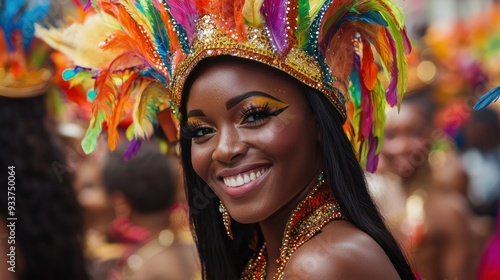 Close-Up of Performer in Vibrant Feathered Headdress at Notting Hill Carnival with Detailed Makeup and Elaborate Caribbean-Inspired Costume