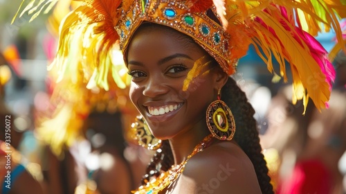 Wallpaper Mural Close-Up of Performer in Vibrant Feathered Headdress at Notting Hill Carnival with Detailed Makeup and Elaborate Caribbean-Inspired Costume Torontodigital.ca