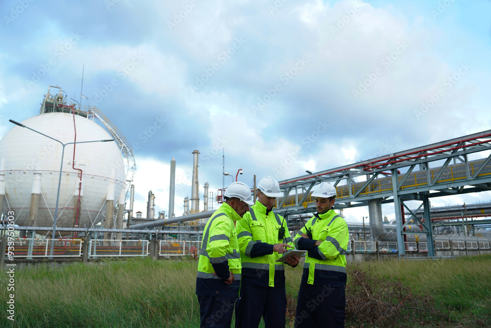 Group of three male engineers inspecting the work together and discussing the work at petroleum oil refinery in engineering industrial estate Fuel, renewable energy, industrial plants.
