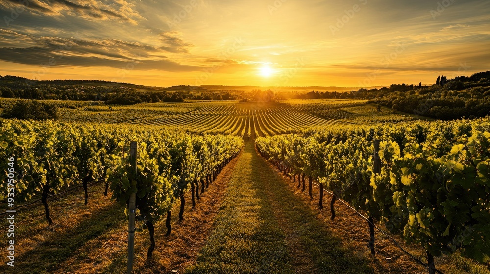 Fototapeta premium A golden sunset over a vineyard, with rows of grapevines stretching into the distance