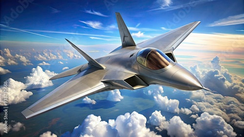 Sleek, silver F-22 fighter jet soars through a clear blue sky, its angular wings and tailfin gleaming in the sunlight, showcasing its advanced aerodynamic design. photo