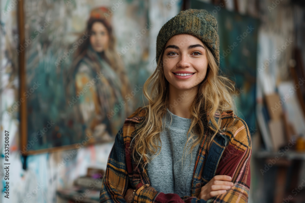 Fototapeta premium Happy artist young woman standing in front of her self portrait.