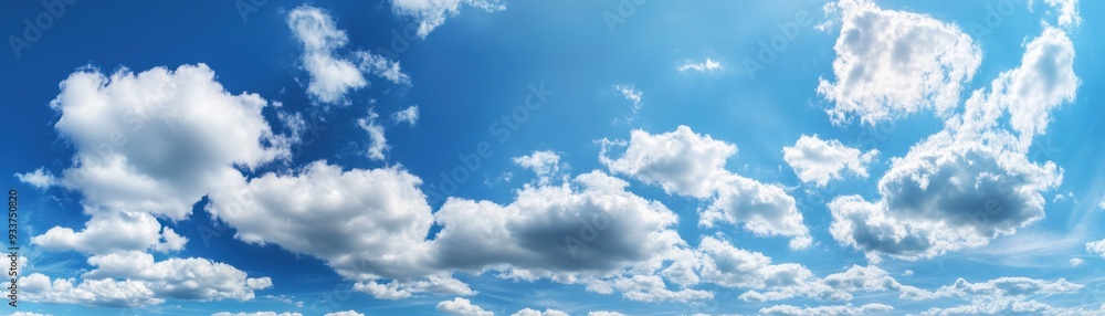 Wall-to-wall panorama of fluffy white clouds scattered across a vivid blue sky. Wall-to-wall panorama of fluffy white clouds scattered across a vivid blue sky.