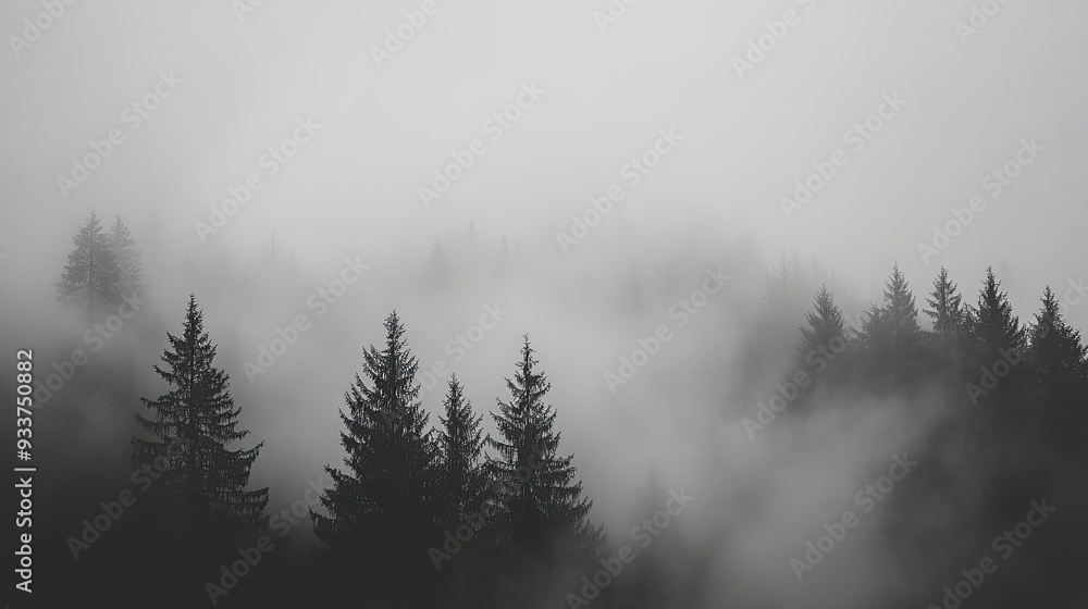 A grey fog rolling over a quiet forest, with tall trees barely visible in the distance A grey fog rolling over a quiet forest, with tall trees barely visible in the distance