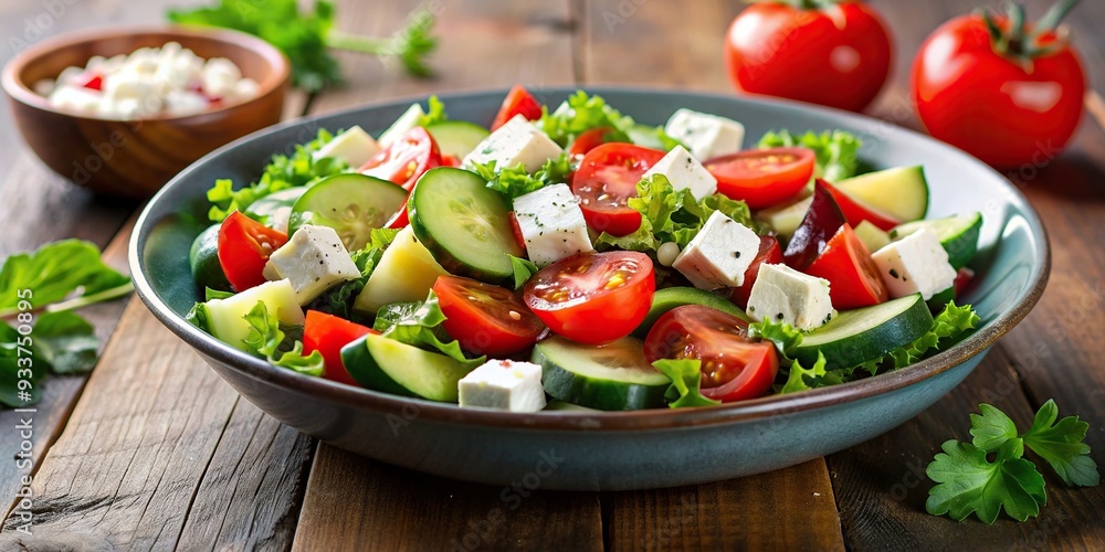 A medium shot of a fresh salad with feta cheese, tomatoes, and cucumbers, meal,food, ingredients, agriculture, delicious, summer, red, white, nutrition, organic, tasty, farming, dairy A medium shot of a fresh salad with feta cheese, tomatoes, and cucumbers, meal,food, ingredients, agriculture, delicious, summer, red, white, nutrition, organic, tasty, farming, dairy
