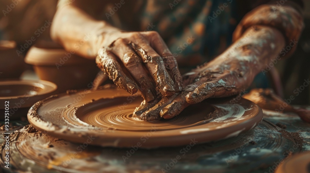 A close-up view of hands skillfully smoothing a pottery piece, capturing realistic textures and intricate movements in a macro shot that showcases the art of ceramic crafting. A close-up view of hands skillfully smoothing a pottery piece, capturing realistic textures and intricate movements in a macro shot that showcases the art of ceramic crafting.