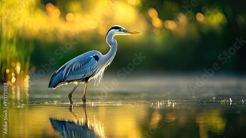 A grey heron standing in shallow water, reflecting in the stillness of the pond photo