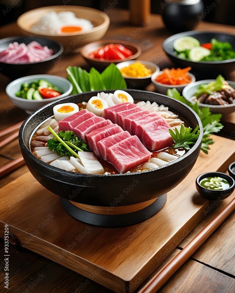 Close up of a bowl of Japanese cuisine with fresh sashimi, eggs, noodles, and vegetables. Close up of a bowl of Japanese cuisine with fresh sashimi, eggs, noodles, and vegetables.