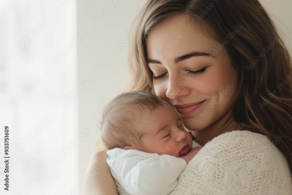 A serene scene of a mother peacefully holding her newborn, bathed in soft, natural light. A serene scene of a mother peacefully holding her newborn, bathed in soft, natural light.