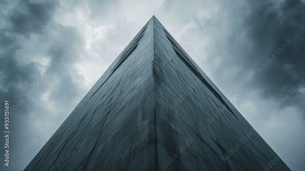 A grey monolithic structure towering against a cloudy sky, symbolizing modern architecture A grey monolithic structure towering against a cloudy sky, symbolizing modern architecture