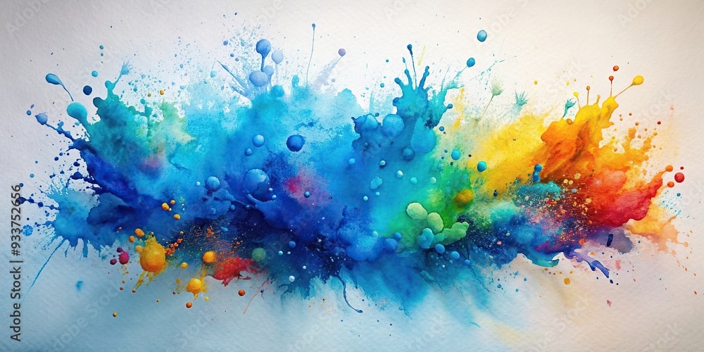Fototapeta premium Blue colorful watercolor splash on paper background with depth of field, paint, paper, depth of field,watercolor, creative, creativity, illustration, artistic, decorative, design, artsy