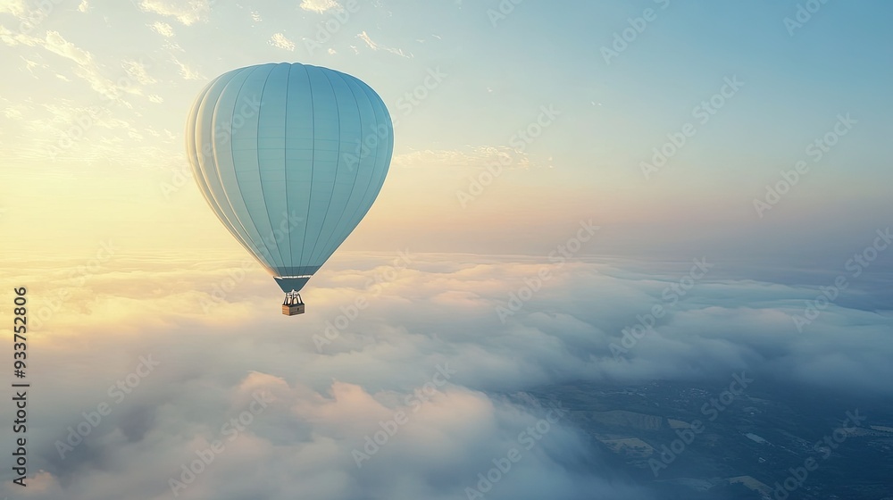 A light blue hot air balloon floating peacefully in the sky at sunrise A light blue hot air balloon floating peacefully in the sky at sunrise
