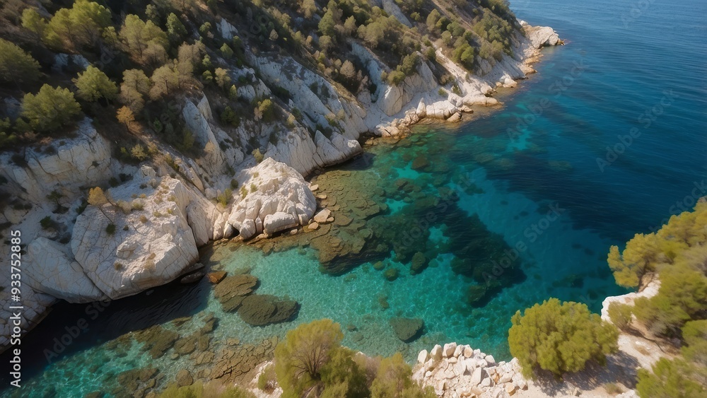 Aerial View of a Clear Blue Lagoon Surrounded by Lush Green Trees and White Cliffs Aerial View of a Clear Blue Lagoon Surrounded by Lush Green Trees and White Cliffs