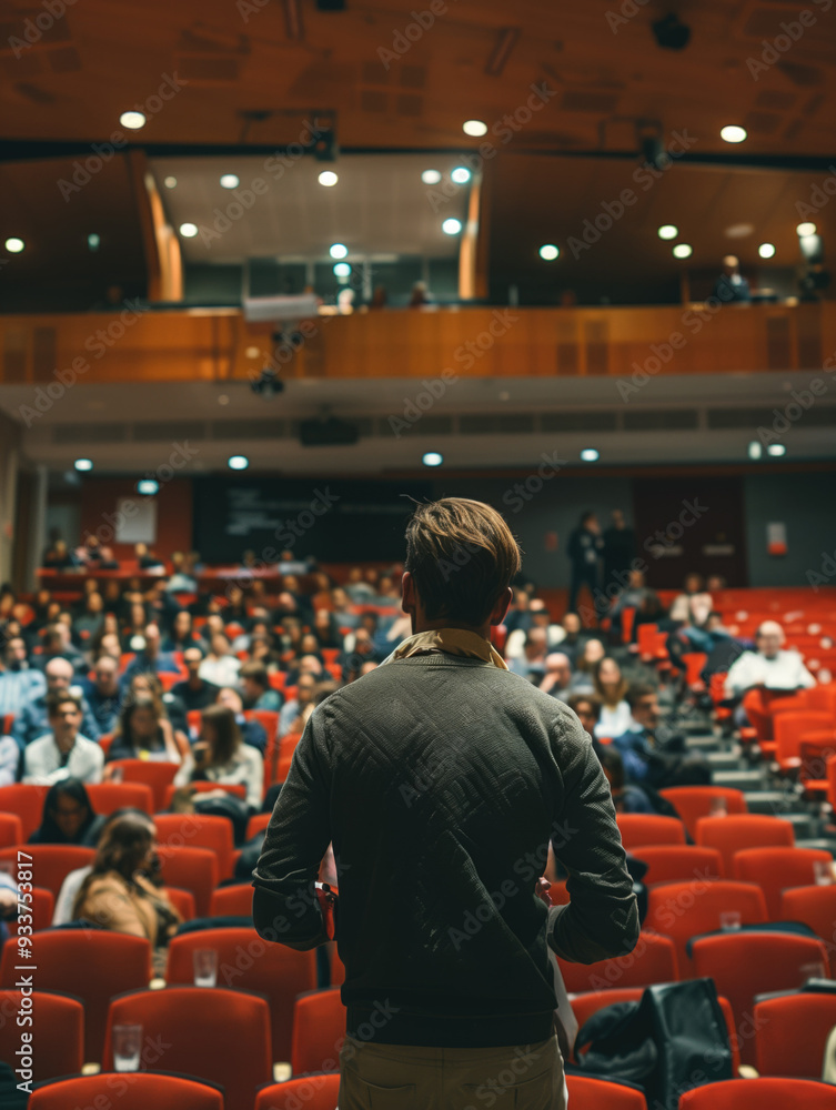 Man in sweater facing audience in a large auditorium filled with people. Concepts of public speaking, education, and large gatherings. Man in sweater facing audience in a large auditorium filled with people. Concepts of public speaking, education, and large gatherings.