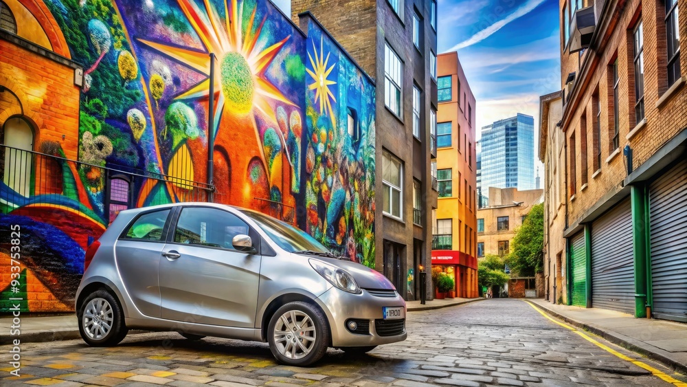 Small silver car parked on a modern city street, with vibrant street art and urban buildings in the background, emphasizing modern urban lifestyle. Small silver car parked on a modern city street, with vibrant street art and urban buildings in the background, emphasizing modern urban lifestyle.
