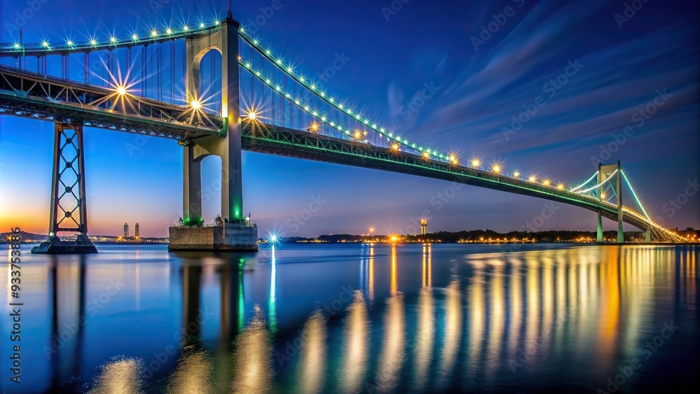 Naklejka premium Claiborne Pell Bridge, tourism, night skyline, highway, urban, The Claiborne Pell Bridge illuminated at night captured from a worm s eye view perspective in Newport Rhode Island