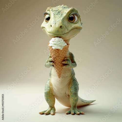 Adorable cartoon style lizard or gecko character holding an ice cream cone photo