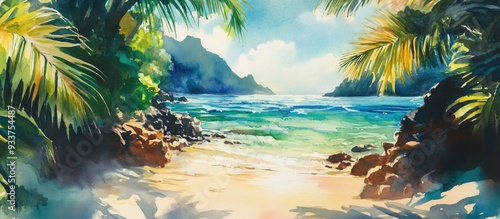 Vibrant watercolor depiction of a coastal scene featuring a beach and tropical waters Hand painted artwork