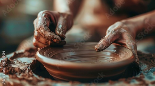 A close-up view of hands expertly smoothing a pottery piece, showcasing realistic textures and meticulous movements in a macro shot that captures the artistry of ceramics in stunning detail. photo