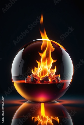 A glass sphere with fire inside isolated on a dark background, vertical composition