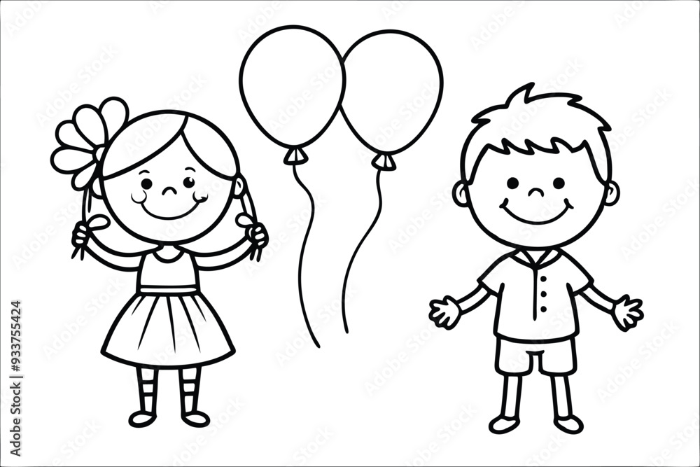 girl and boy with balloons line art illustration black and white girl and boy with balloons line art illustration black and white
