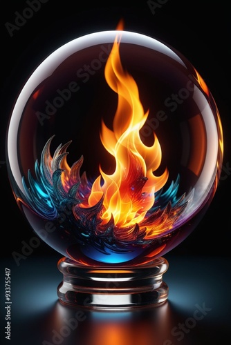 A glass sphere with fire inside isolated on a dark background, vertical composition