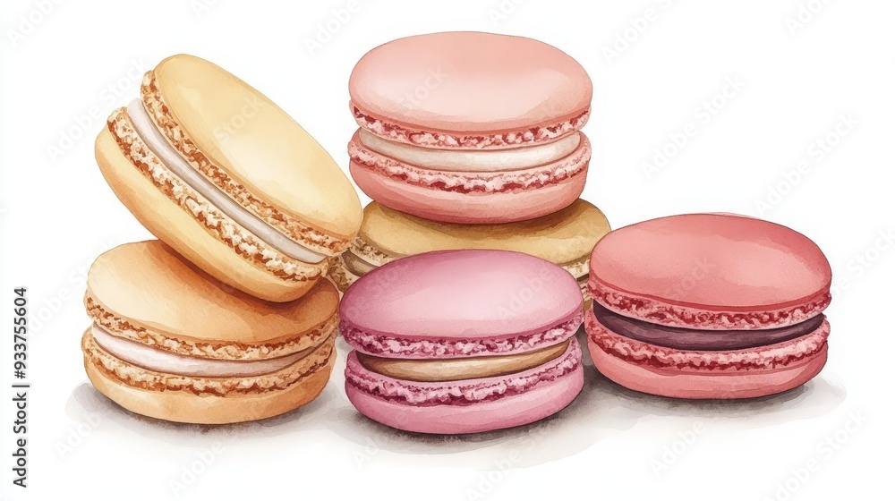 Colorful macarons arranged in a row on a wooden table. Colorful macarons arranged in a row on a wooden table.