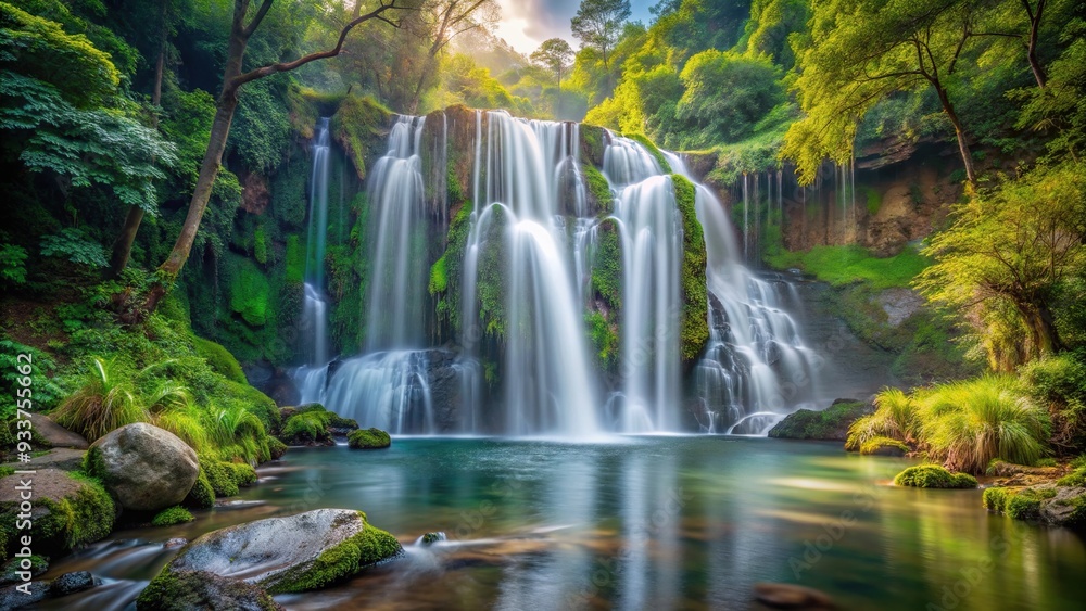 Fototapeta premium Majestic waterfall cascading down in a hidden forest, showcasing the power and tranquility of nature, cascading, power, flowing, environment, magical, destination, remote, serene,waterfall