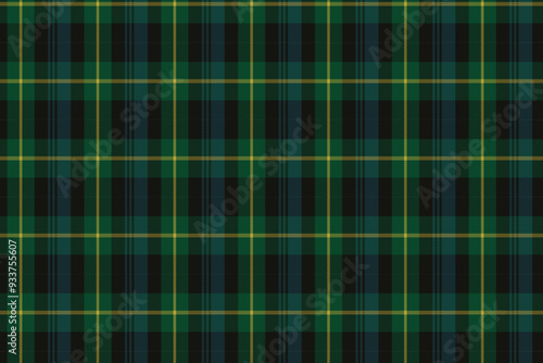 Plaid pattern with twill weave. Tartan check seamless pattern in black, green, and yellow. Vector illustration geometric background for fabric, paper, clothing, and home decor.