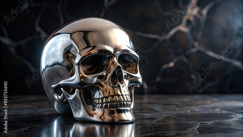 Reflective metallic skull with a glossy finish placed on a black marble surface at eye level, interior, reflective, decoration, spooky, death, tabletop, design, art, skull, creepy photo