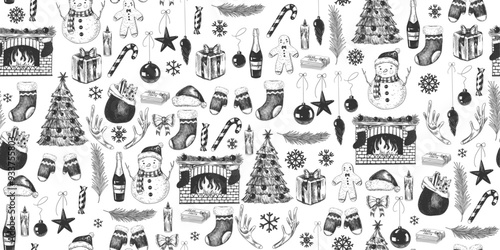 Sketch style Christmas seamless pattern. Background with christmas hand drawn decorations. Vintage style christmas stocking, fireplace, Santa hat, Christmas tree, Santa bag, gifts, snowman, mittens
