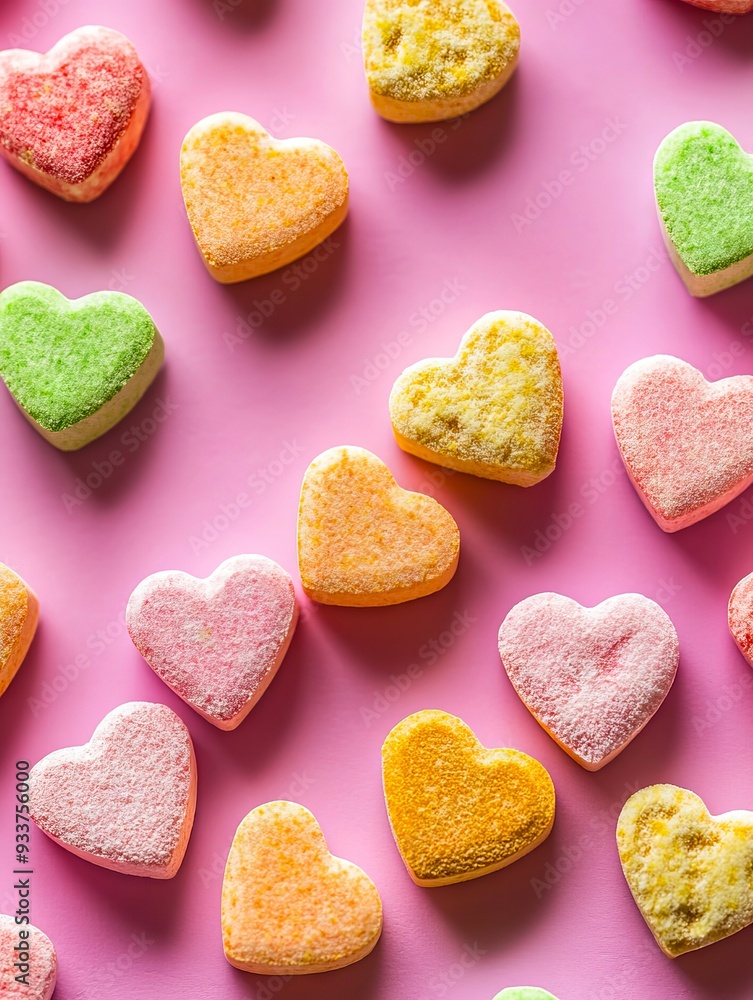 A bunch of heart shaped candies on a pink background A bunch of heart shaped candies on a pink background