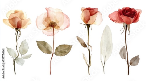 Fototapeta Naklejka Na Ścianę i Meble -  Set of translucent watercolor roses Botanical flower illustration featuring pressed flowers and leaves