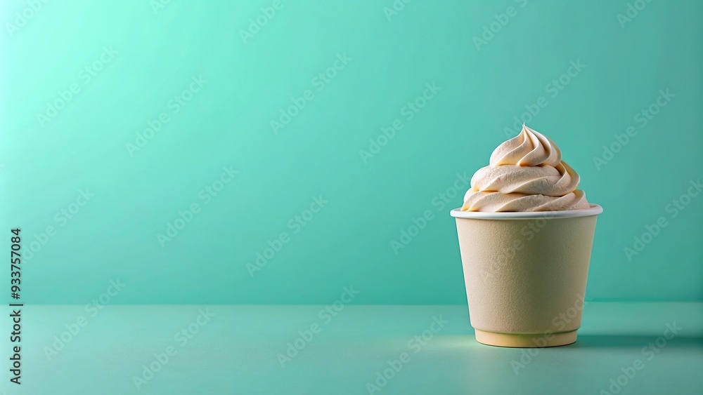Ice cream in a paper cup on a light turquoise background with a minimalist asymmetric composition, treat, minimalist, photography, asymmetrical, stock photo, dairy,ice cream Ice cream in a paper cup on a light turquoise background with a minimalist asymmetric composition, treat, minimalist, photography, asymmetrical, stock photo, dairy,ice cream